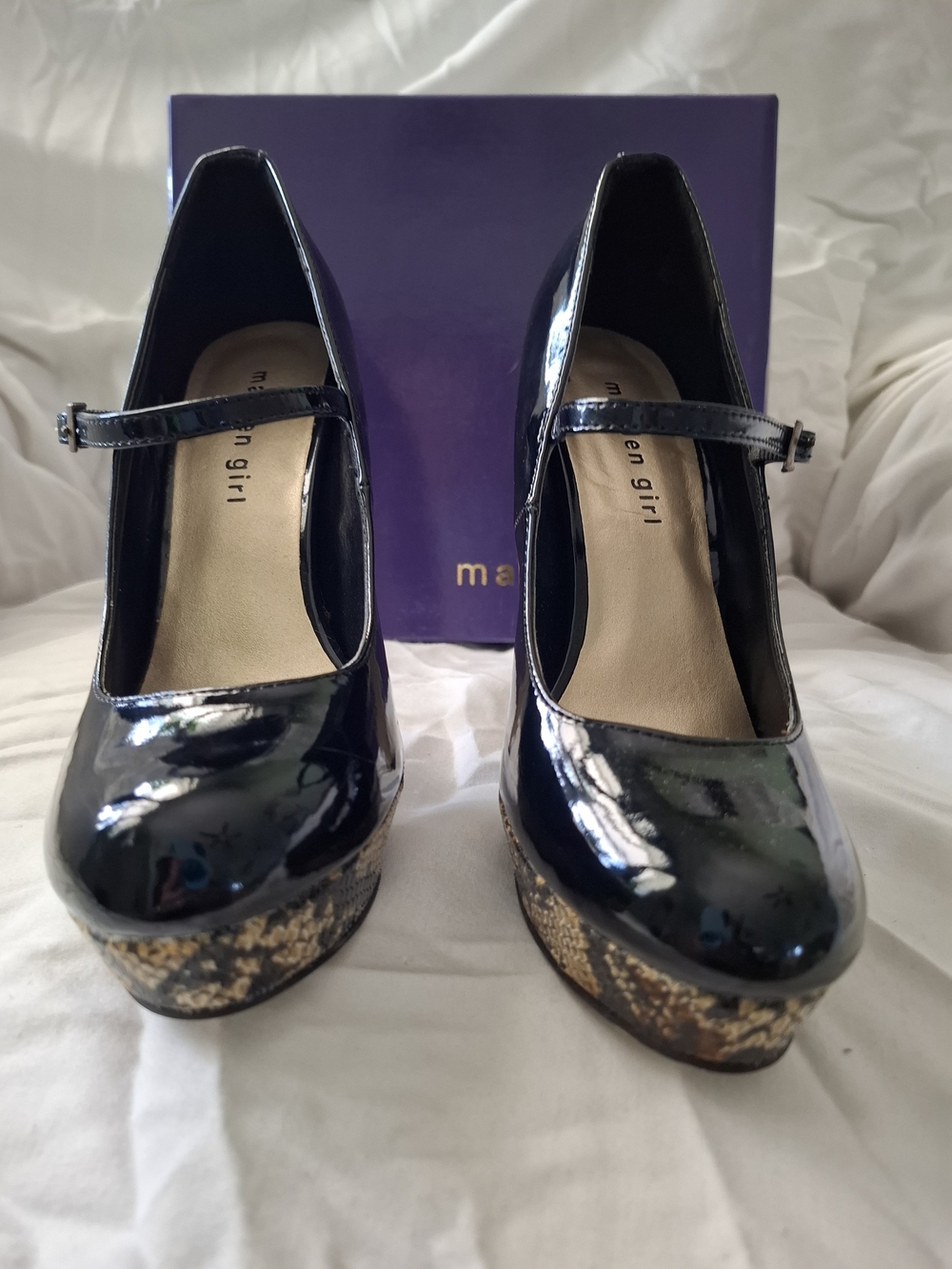 Madden Girl Black Patent Mary Jane Platform Heels with Gold Accent